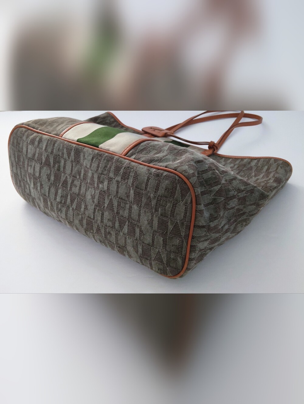 Furla Canvas Tote Bag with Green Stripe and Tan Lether Trim. Pre-owned. - Picture 6 of 13